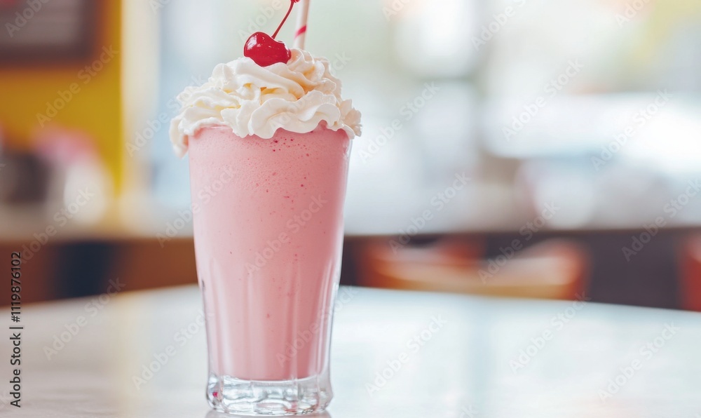 Pink milkshake placed in a bright, well-lit setting with copy space Pink milkshake placed in a bright, well-lit setting with copy space