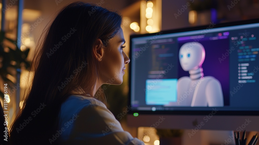 Woman using computer for digital design, illustrating content creation and digital literacy. Woman using computer for digital design, illustrating content creation and digital literacy.