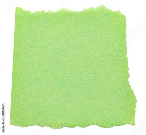 Light green isolated cut out torn piece of blank paper note cardboard with texture and copy space for text, transparent png background design element