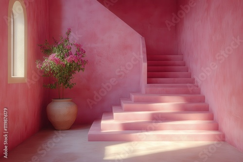 A serene pink stairwell with a potted plant, evoking tranquility and modern design.