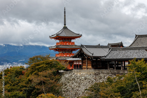 Kyoto iconic view with Red Sanjunoto Pagoda of Kiyomizu-dera Temple. photo