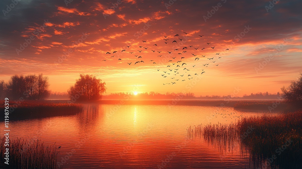 Serene Sunrise Over Tranquil Lake with Birds in Flight and Beautiful Reflection of Colors in the Sky and Water at Dawn Serene Sunrise Over Tranquil Lake with Birds in Flight and Beautiful Reflection of Colors in the Sky and Water at Dawn