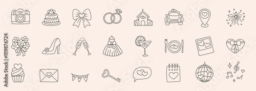 Wedding hand drawn doodle icon set - star, sparkle, heart, rings, glasses, car, church, bow, dress, cake, envelope. Sketch vector marriage symbol on white background for decoration invitation, card.