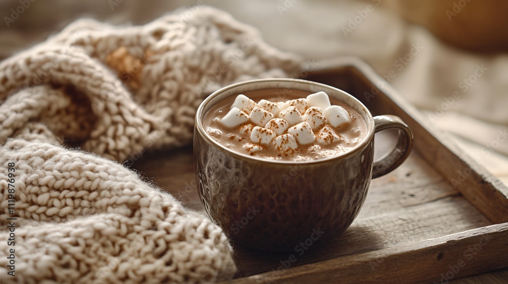 Mini marshmallows floating in a rich mug of hot chocolate, placed on a rustic wooden tray with a knitted scarf nearby Mini marshmallows floating in a rich mug of hot chocolate, placed on a rustic wooden tray with a knitted scarf nearby