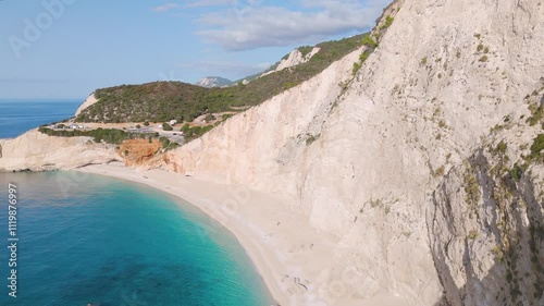 Aerial drone view of the beautiful beach Porto Katsiki on the island of Lefkada in Greece.