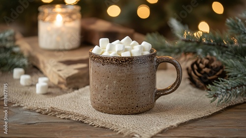 Wallpaper Mural Mini marshmallows in a rustic mug of coffee, placed on a burlap-covered table with cozy winter decor Torontodigital.ca