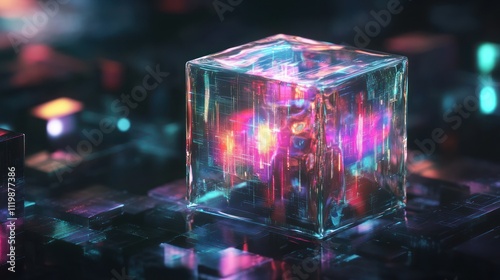 Glowing Cube in a Futuristic Digital World