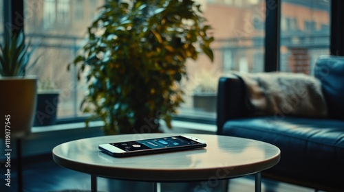 Wallpaper Mural Smartphone rests on a modern coffee table in a stylish living room. Torontodigital.ca