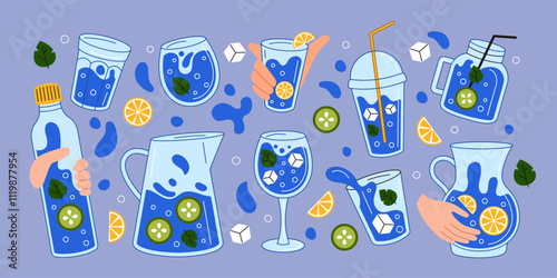 Water cup. Hand holding bottle, glass of fitness equipment. Plastic recycling. Drink h20 in jug, jar with cold beverage and lemon and cucumber linear illustration. Vector flat drawing tidy cartoon set