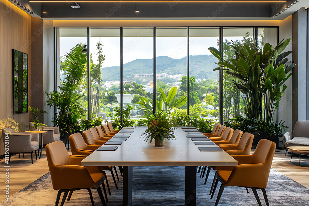 Fototapeta premium Meeting room interior with long table and sofa, panoramic window. Mockup wall