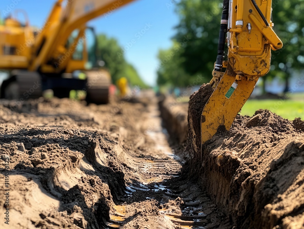 Excavation work in urban park heavy machinery at construction site bright day ground level perspective infrastructure development