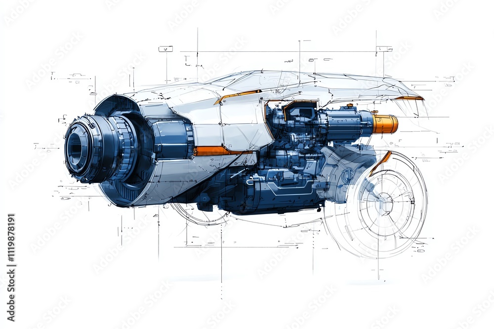 A detailed illustration of a futuristic engine, showcasing its intricate components and design schematics. A detailed illustration of a futuristic engine, showcasing its intricate components and design schematics.