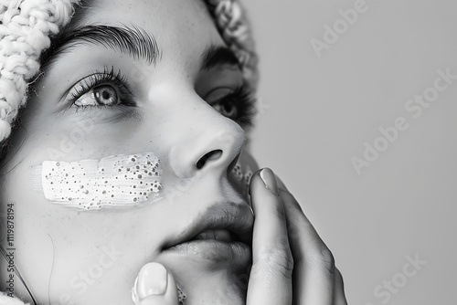 skincare routine, girl is applying cream on her face against a grey-white background photo