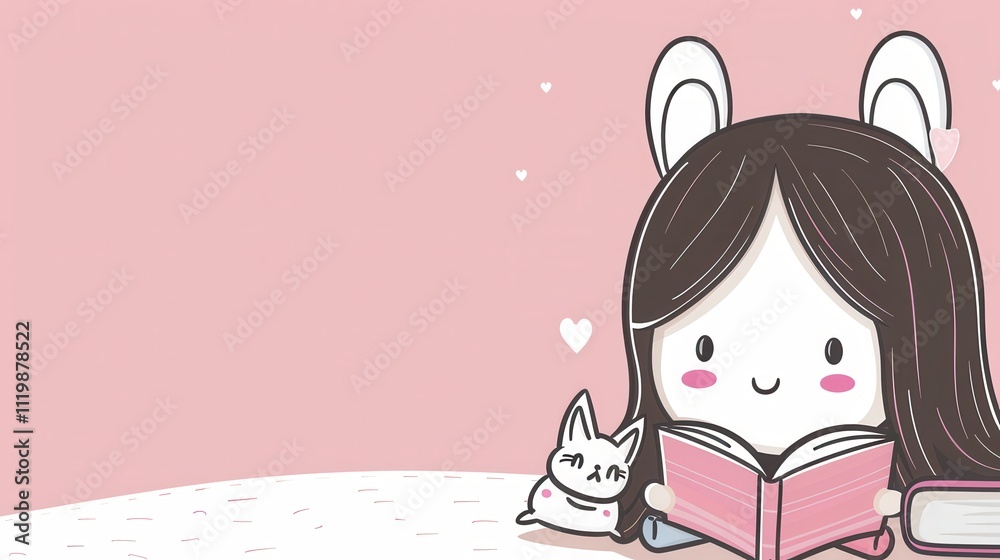 Cute Girl with Bunny Ears Reading a Book Cute Girl with Bunny Ears Reading a Book