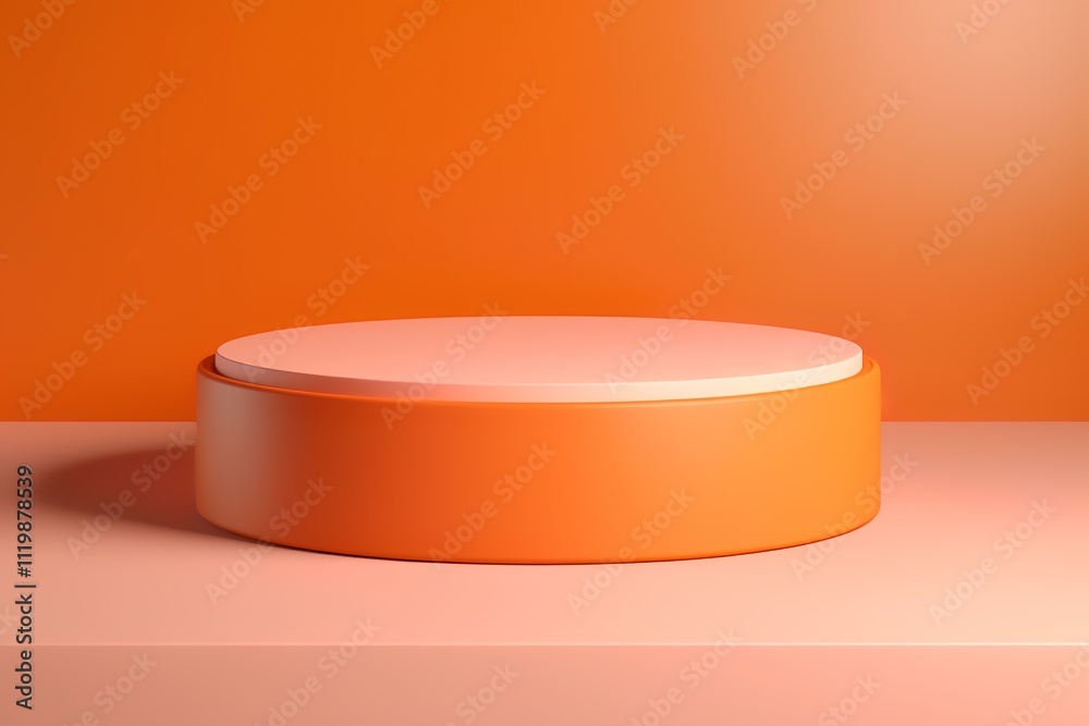 A simple, round display pedestal against an orange background for showcasing products. A simple, round display pedestal against an orange background for showcasing products.