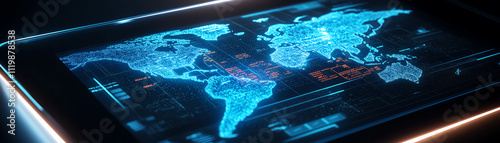 Plakat Futuristic holographic world map displayed on a digital device.