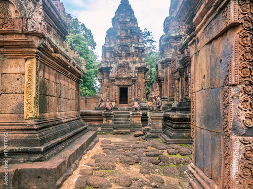 Details, sculptures and structures of the Banteay Sri temple in Cambodia photo