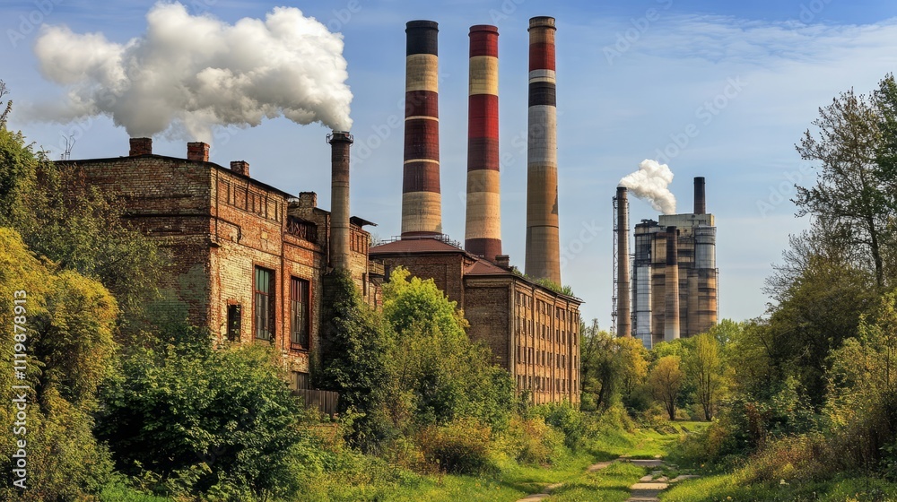 Net zero carbon solutions. An industrial scene featuring smokestacks emitting smoke, surrounded by overgrown vegetation and remnants of a factory against a clear blue sky. Net zero carbon solutions. An industrial scene featuring smokestacks emitting smoke, surrounded by overgrown vegetation and remnants of a factory against a clear blue sky.