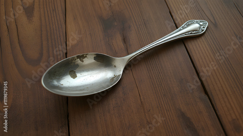 A tarnished silver spoon with long, sharp claws instead of a handle, lying motionless on an old wooden dining table