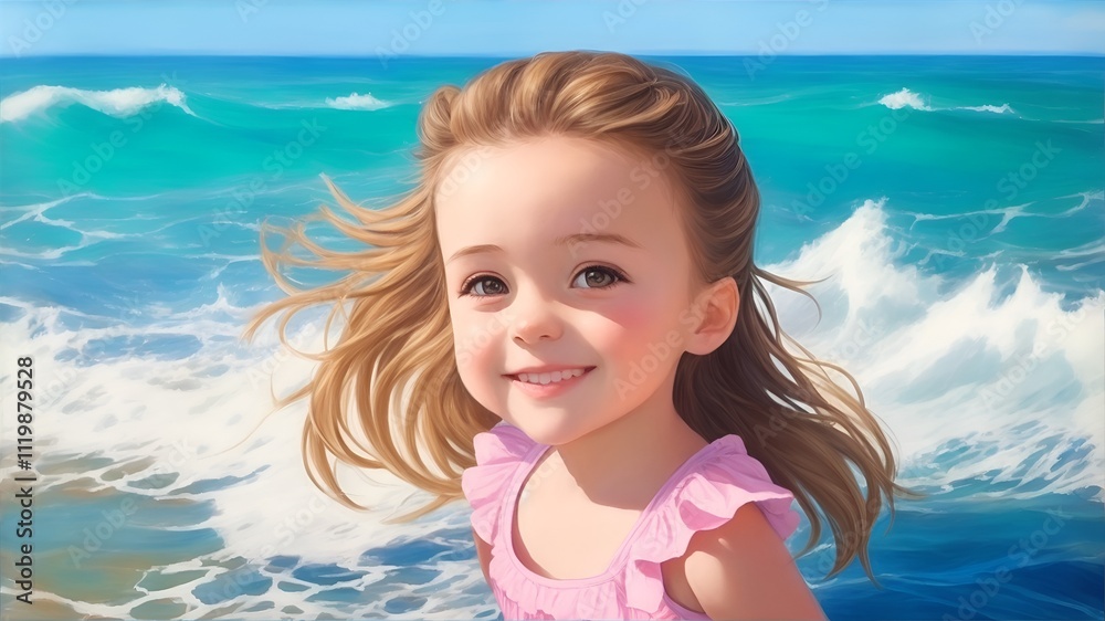 little smiling girl on the seashore in sunny weather little smiling girl on the seashore in sunny weather