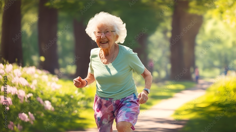 Grandma jogging in the park keeps her healthy Grandma jogging in the park keeps her healthy