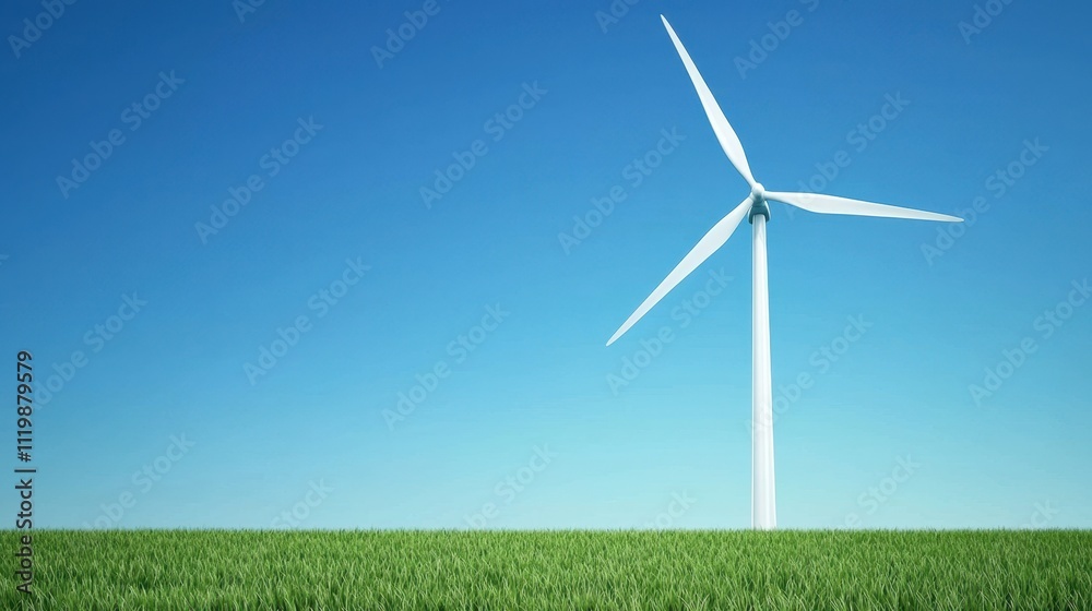 Wind turbine stands tall in a vibrant green field under clear blue skies Wind turbine stands tall in a vibrant green field under clear blue skies