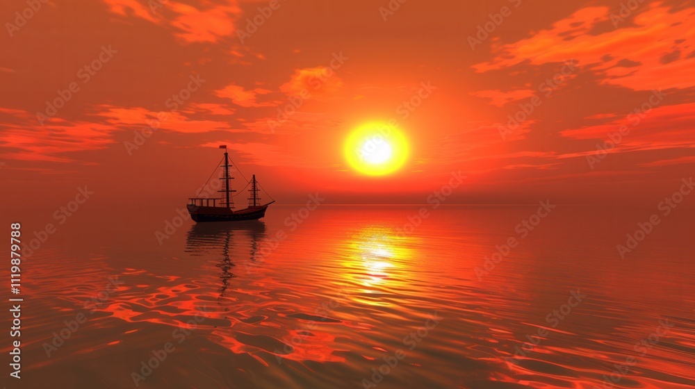 Fototapeta premium Lone Sailboat at Fiery Sunset