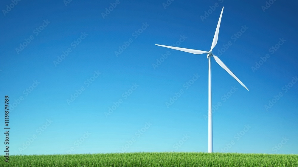 Obraz premium Wind turbine stands tall in a vibrant green field under clear blue sky
