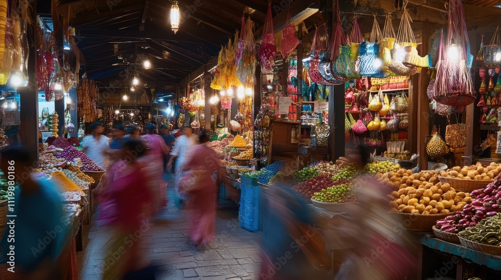 Fototapeta premium Traditional market with colorful stalls and figures in motion