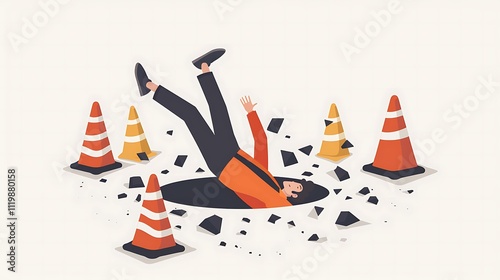 A cartoon-style illustration of a person falling into a hole surrounded by traffic cones, highlighting a construction or hazard theme.