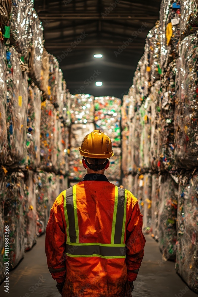 Obraz premium Worker in Safety Gear Observing Stacked Recyclable Materials in a Warehouse Environment with Industrial Lighting