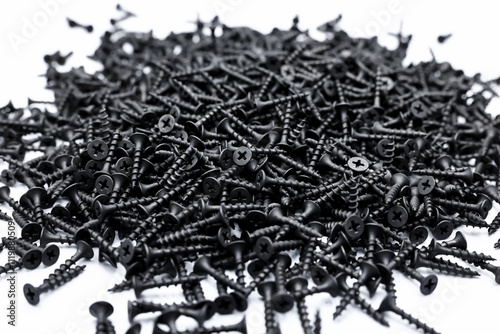 A small pile of black screws on a white background. Fastening materials for fastening drywall structures