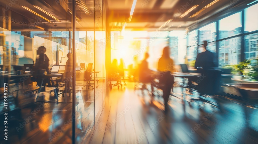 Blurred view of a modern office environment with people present. Blurred view of a modern office environment with people present.