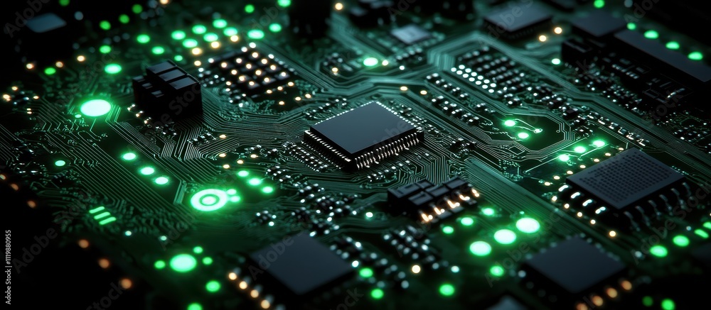 Close-Up of a Modern Circuit Board with Glowing Green Lights and Microchips in a High-Tech Environment Close-Up of a Modern Circuit Board with Glowing Green Lights and Microchips in a High-Tech Environment