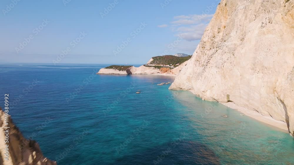 Aerial drone view of the beautiful beach Porto Katsiki on the island of Lefkada in Greece. Aerial drone view of the beautiful beach Porto Katsiki on the island of Lefkada in Greece.