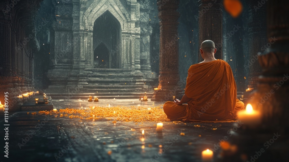 A Buddhist monk meditates in a serene temple, surrounded by candles and flower petals. A Buddhist monk meditates in a serene temple, surrounded by candles and flower petals.