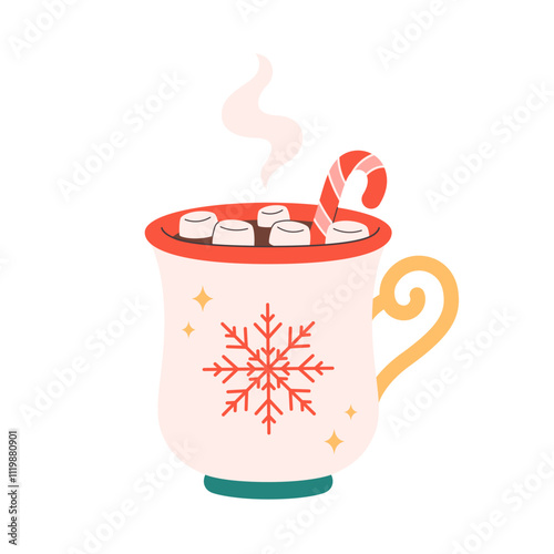 Winter Christmas hot drink decorated with marshmallows and candy cane. Cute Christmas mug with snowflake. Vector illustration in flat style
