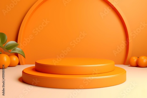 A vibrant orange display with circular platforms and decorative oranges, ideal for presentations. photo