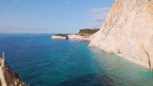 Aerial drone view of the beautiful beach Porto Katsiki on the island of Lefkada in Greece.