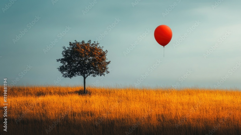 Fototapeta premium A solitary tree stands in a golden field under a serene sky, with a whimsical red balloon floating gently above, creating a contemplative scene of nature and imagination