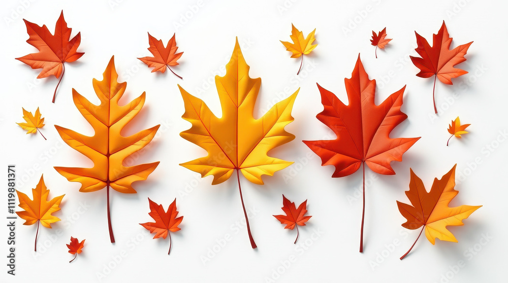 Colorful Autumn Leaves Illustration with Vibrant Red and Orange Maple Leafs on White Background for Seasonal Design and Decoration Colorful Autumn Leaves Illustration with Vibrant Red and Orange Maple Leafs on White Background for Seasonal Design and Decoration