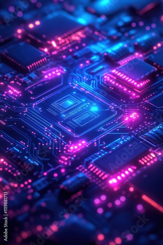 Futuristic Circuit Board with Glowing Neon Lights and Microchips in a High-Tech Digital Environment