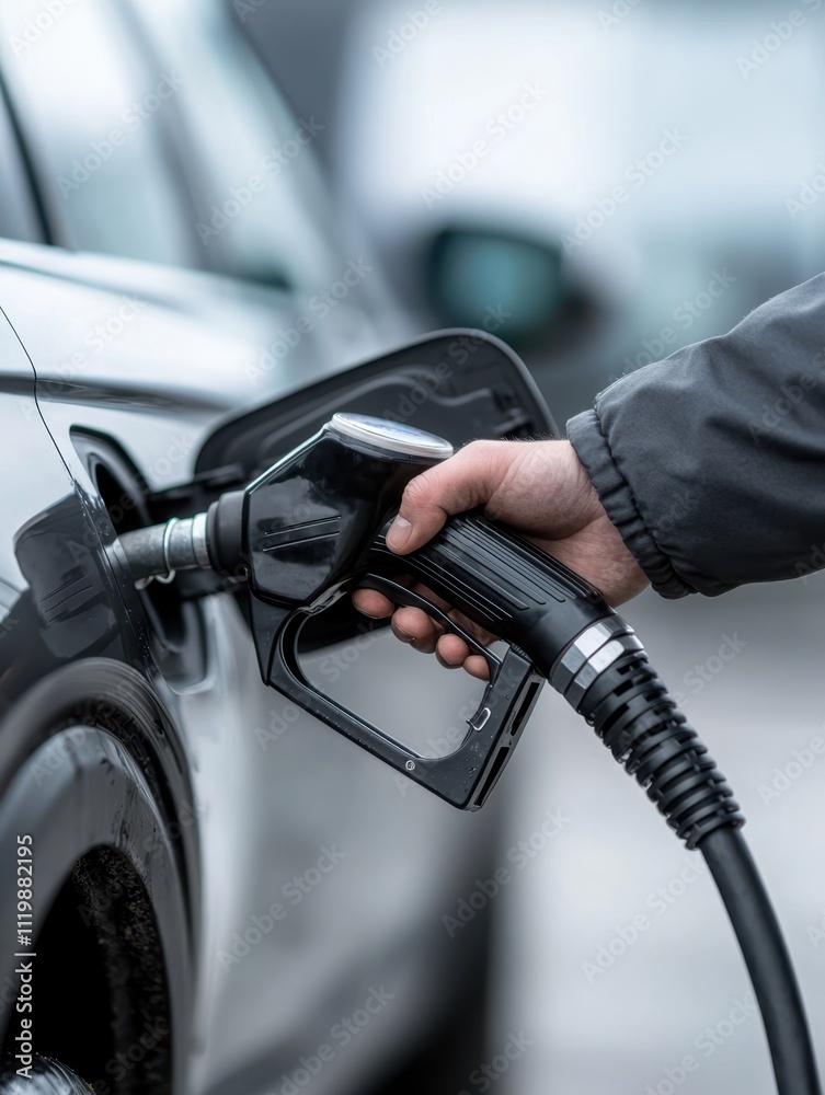 Person refuels a vehicle at a gas station during the daytime Person refuels a vehicle at a gas station during the daytime