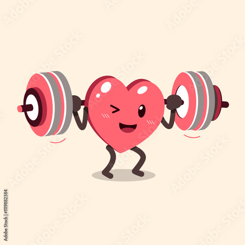 Cartoon cute heart character doing weight training with barbell for design.