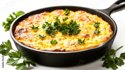 Golden baked corn pudding in a cast iron skillet, isolated on a white background with sprigs of parsley nearby