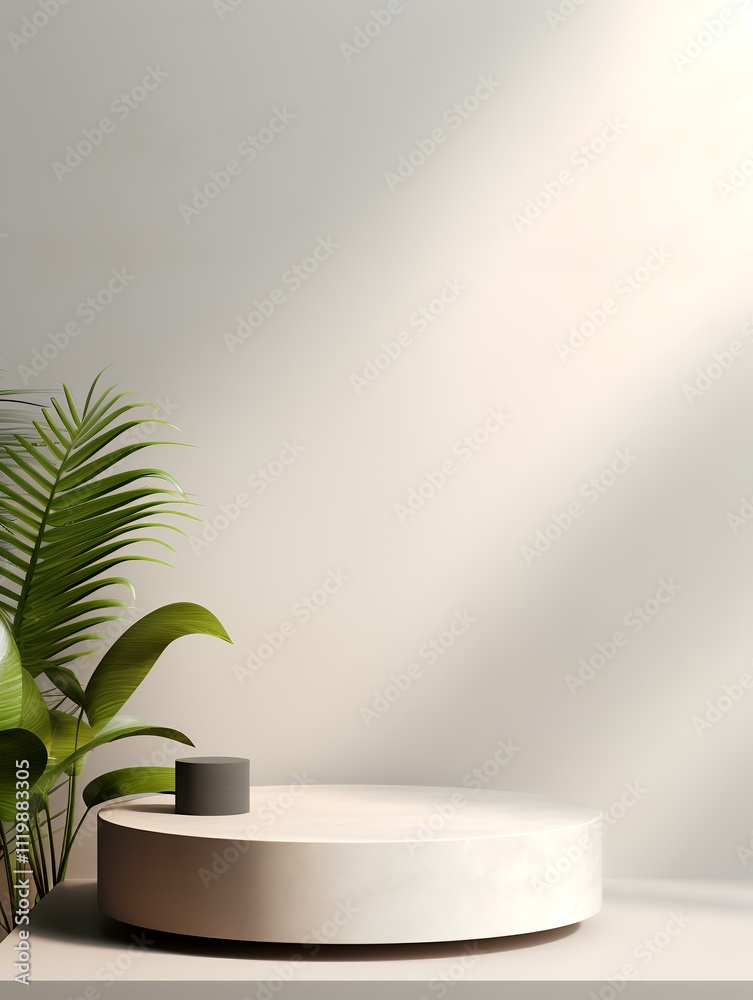 Minimalist decor featuring a round table, a small object, and a lush green plant.