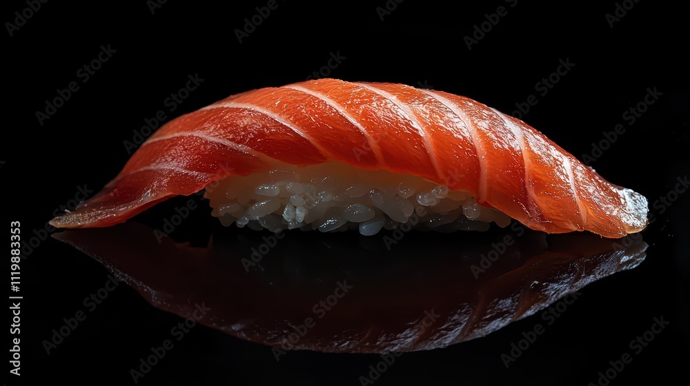 A beautifully crafted piece of sushi featuring vibrant salmon atop seasoned rice, presented against a sleek black background. A beautifully crafted piece of sushi featuring vibrant salmon atop seasoned rice, presented against a sleek black background.
