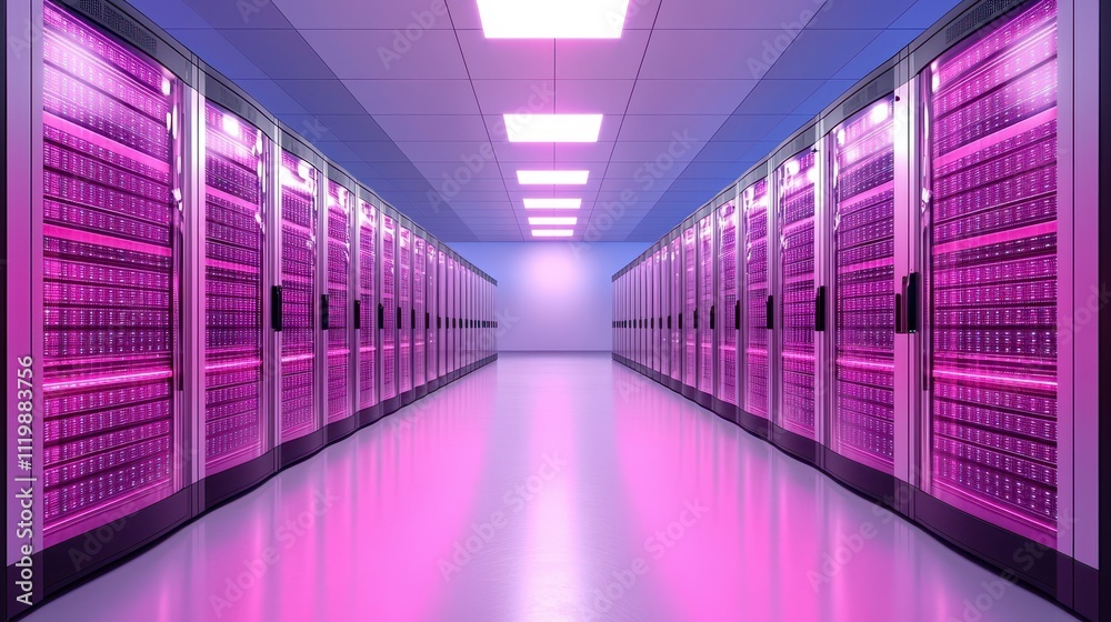 A futuristic data center with rows of servers illuminated by pink lighting, showcasing advanced technology and digital infrastructure. A futuristic data center with rows of servers illuminated by pink lighting, showcasing advanced technology and digital infrastructure.