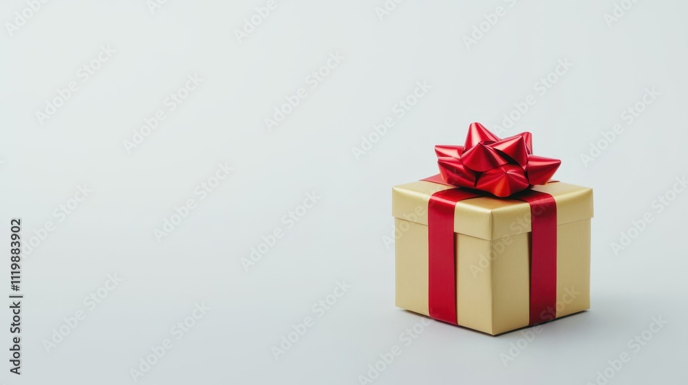 Obraz premium Golden gift box tied with red ribbon and bow for special occasions