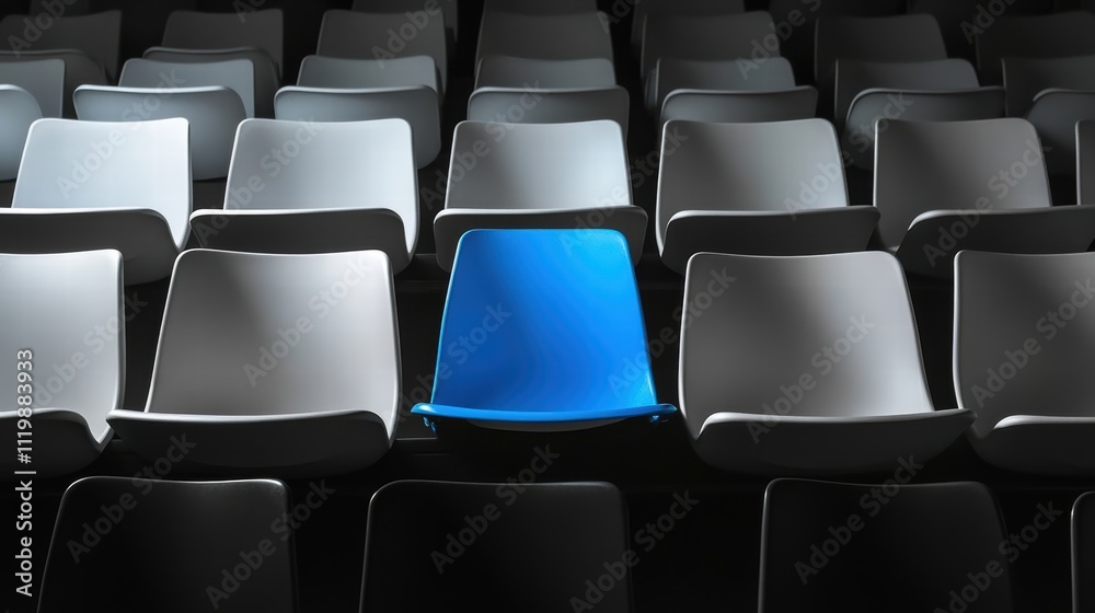 Fototapeta premium Repetitive blackandwhite stadium seats with one blue seat centered